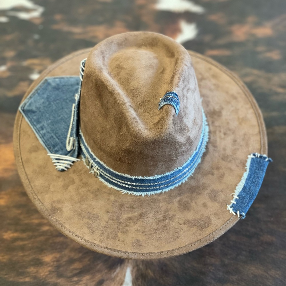 Brown Suede Hat with Denim Accents